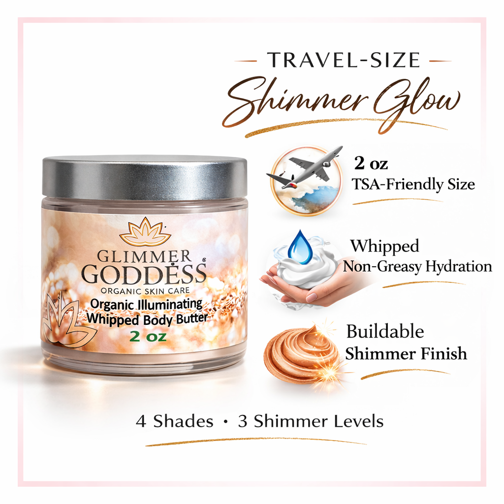 Glimmer Goddessยฎ Organic Shimmering Whipped Body Butter, 2 oz travel size jar on a white background with soft pink border trim, featuring benefits: TSA-friendly size, whipped non-greasy hydration, and buildable shimmer finish.