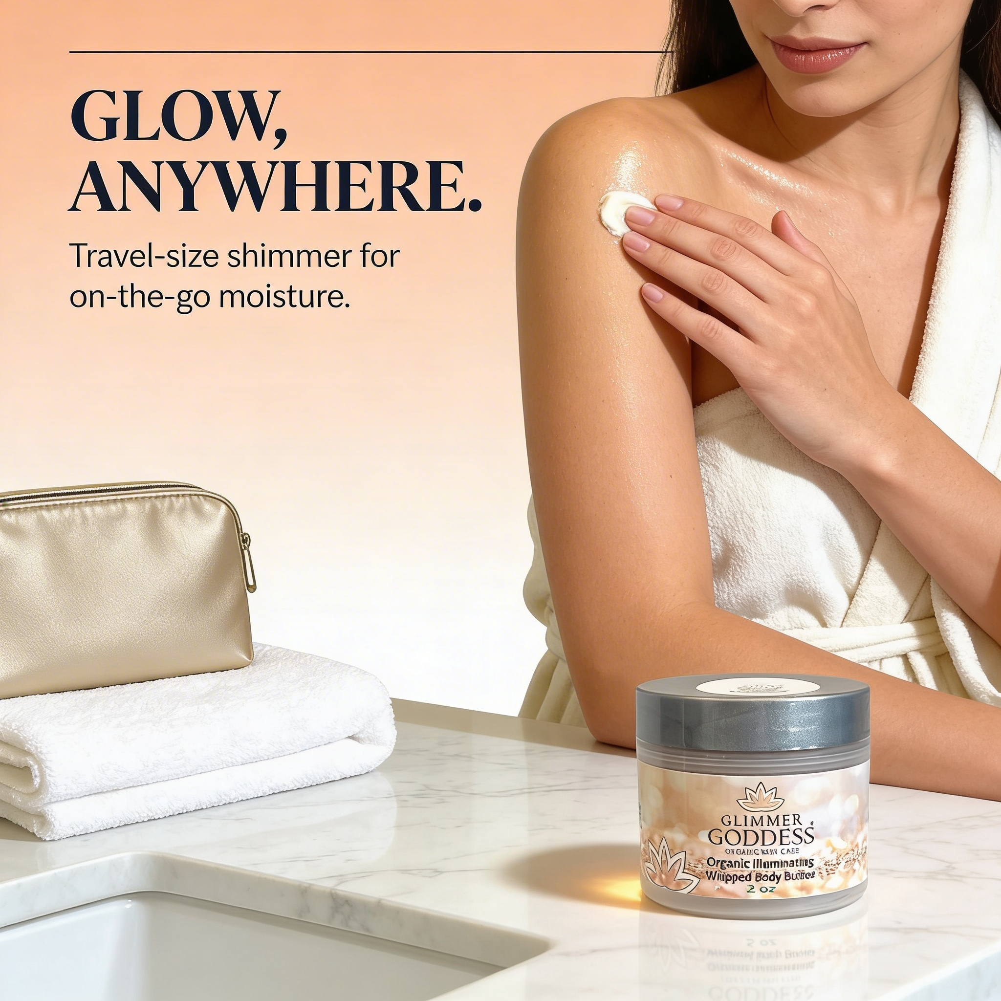 Travel-sized Glimmer Goddess® Organic Shimmering Body Butter in a 2 oz jar, with a shimmering, luxurious texture for radiant skin.