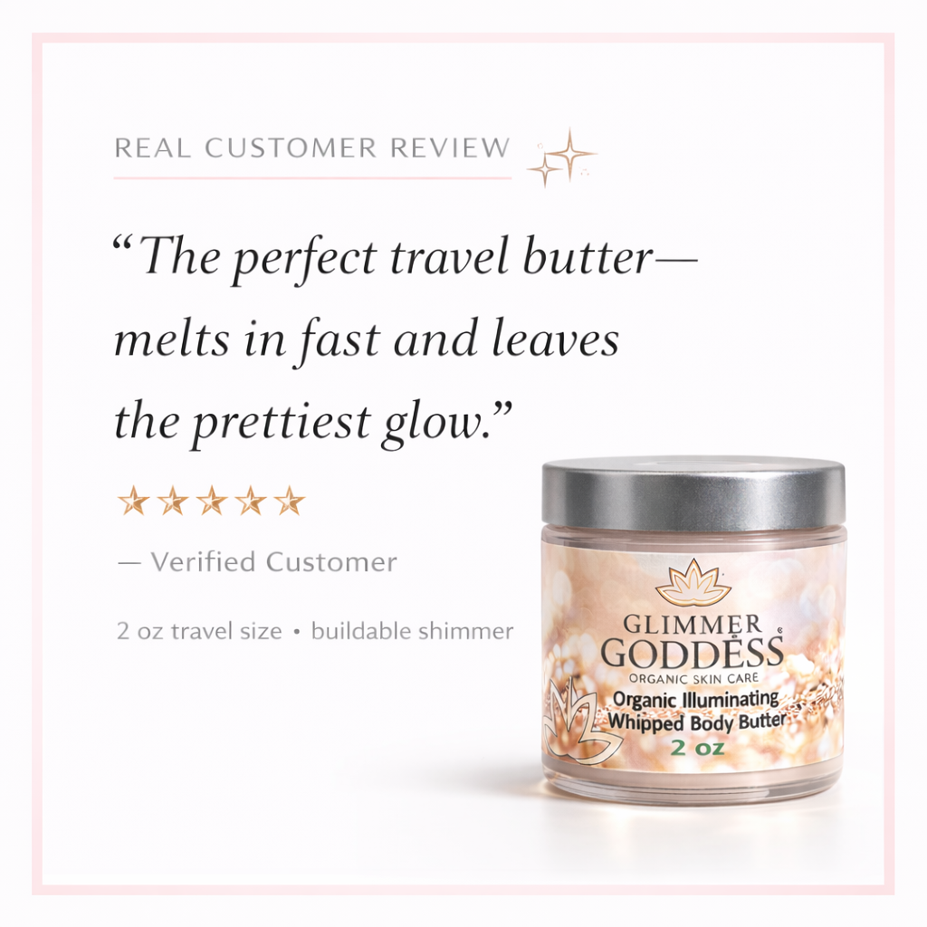 Travel-sized Glimmer Goddess Organic Shimmering Body Butter in a 2 oz jar with shimmering, moisturizing formula and natural ingredients.