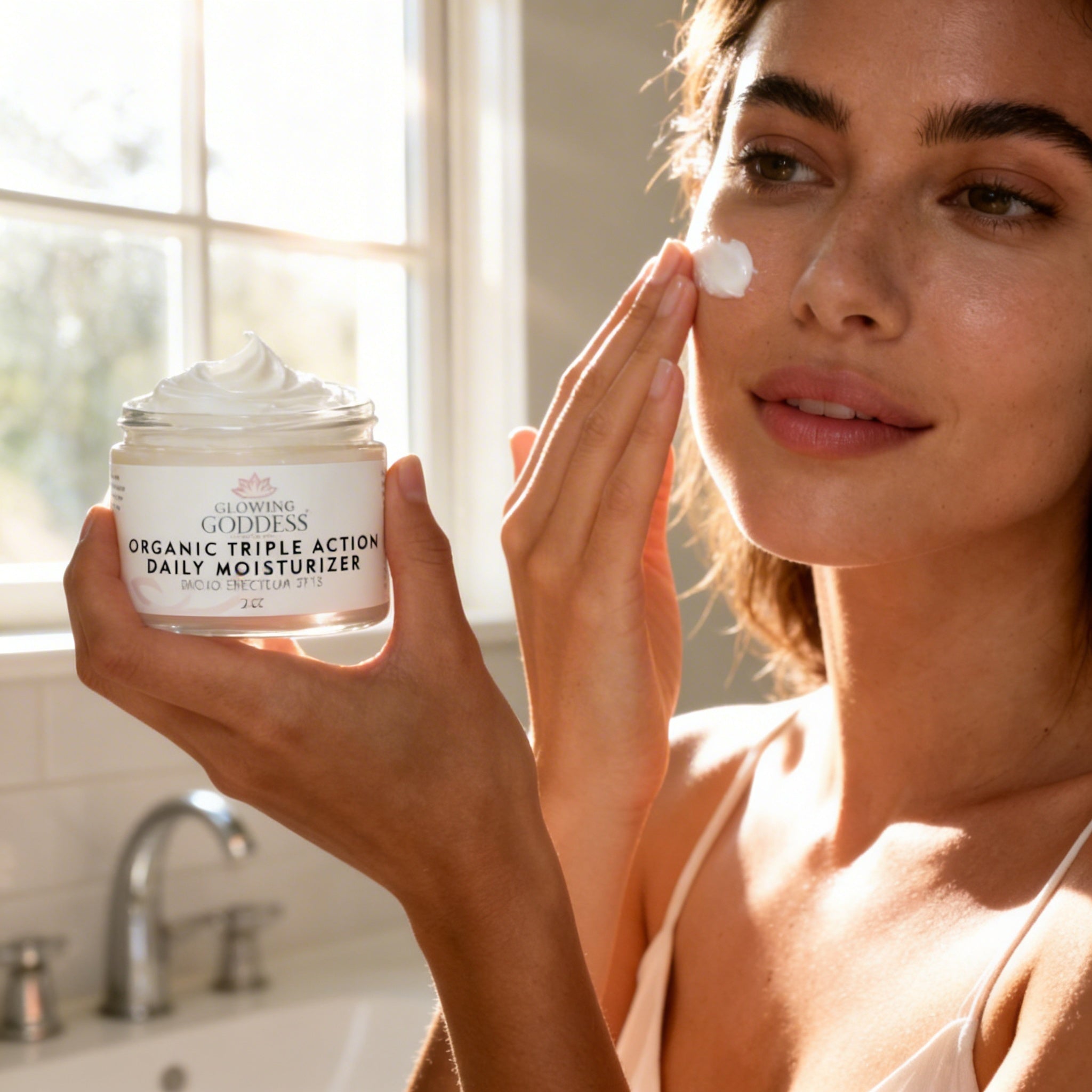 Glimmer Goddess Organic Skin Care Triple Action Daily Moisturizer with SPF 30, showing a jar of moisturizer with natural ingredients.