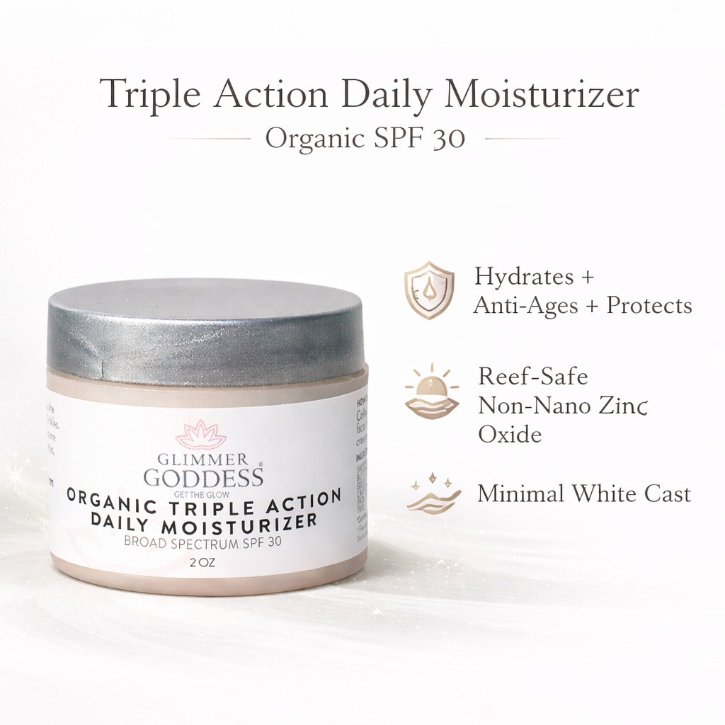 Organic SPF 30 moisturizer jar from Glimmer Goddess® Organic Skin Care, featuring triple action daily hydration and sun protection.