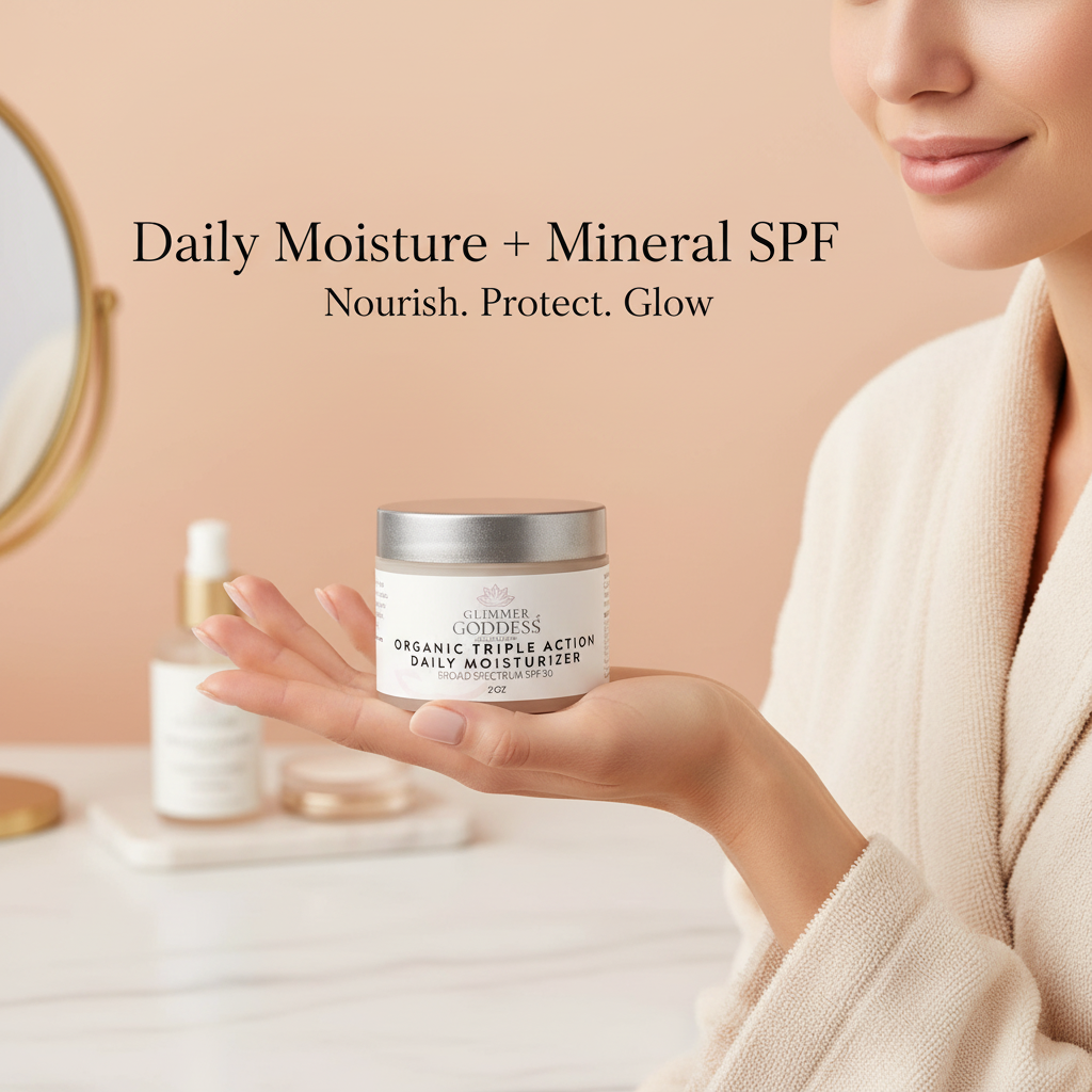 Organic triple action daily moisturizer with SPF 30 in a jar, designed for all skin types by Glimmer Goddess Organic Skin Care.