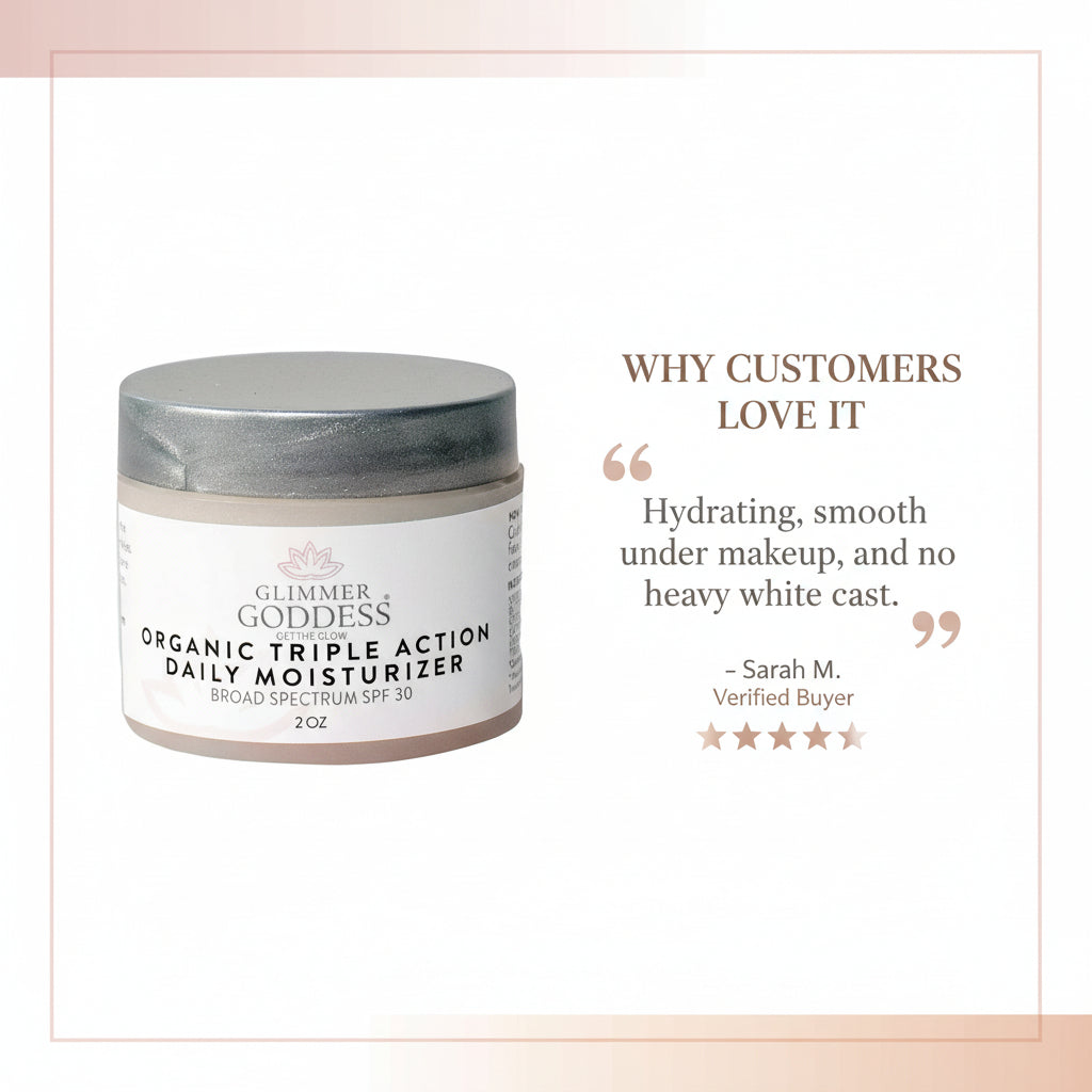 Organic SPF 30 moisturizer jar from Glimmer Goddess® Organic Skin Care with triple action daily hydration and sun protection.