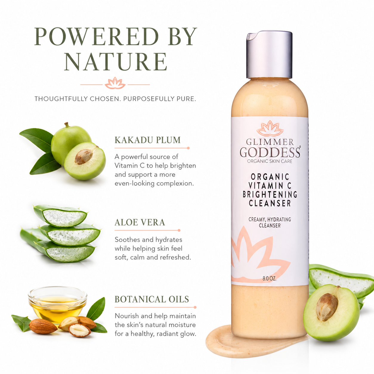 Glimmer Goddess Organic Skin Care Vitamin C Brightening Cleanser bottle shown on a white background with ingredient callouts including kakadu plum, aloe vera, and botanical oils.