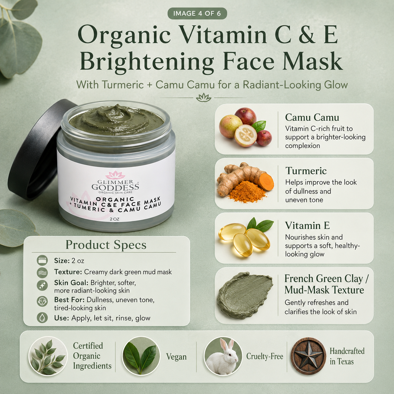 Glimmer Goddess Organic Vitamin C & E Brightening Face Mask in a jar, showing the nourishing mask with vibrant orange and cream colors.
