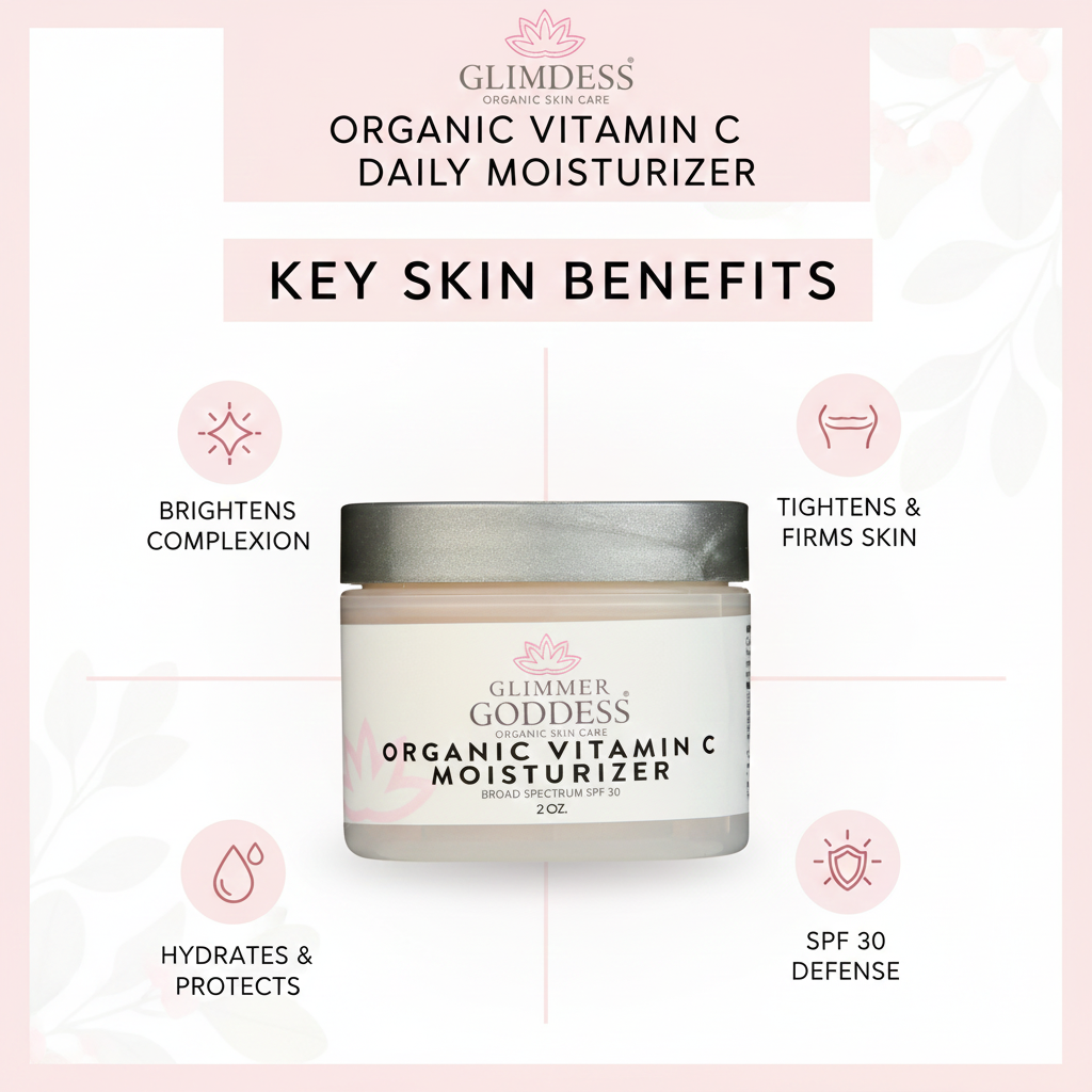 Organic Vitamin C moisturizer with SPF 30 by Glimmer Goddess® Organic Skin Care, featuring brightening benefits and smooth face cream.