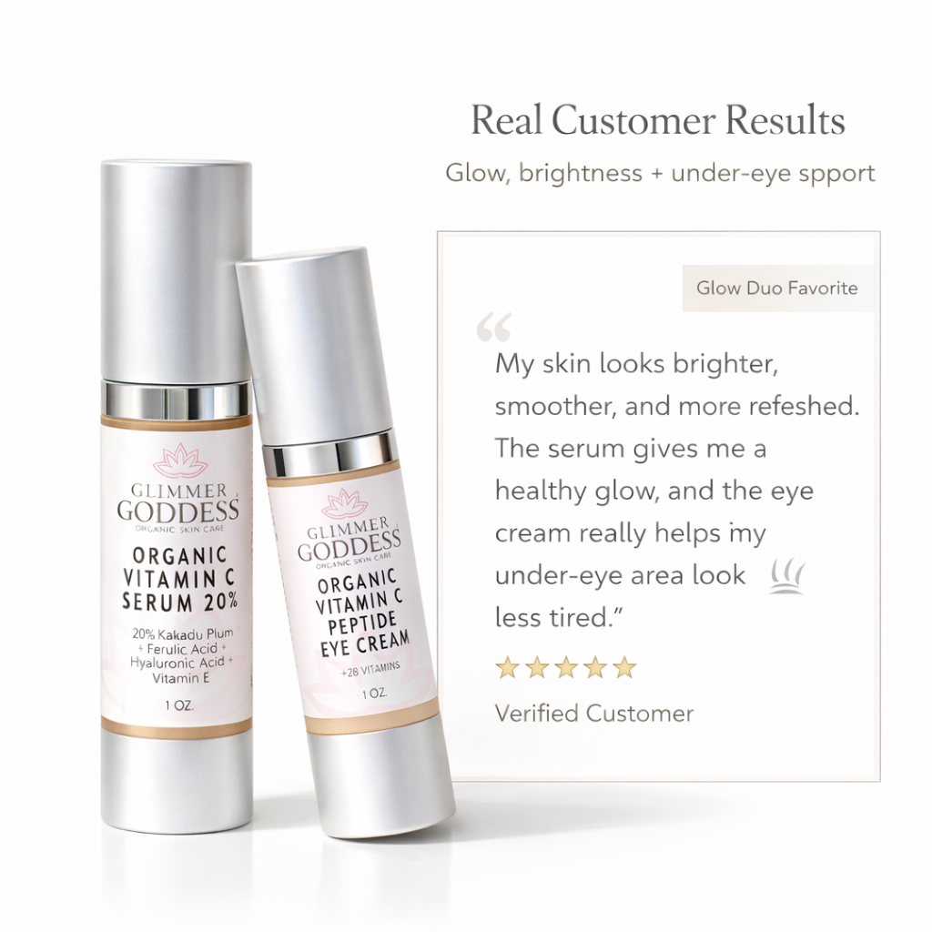 Organic Vitamin C Glow Duo with 20% Vitamin C and peptide eye serum from Glimmer Goddess® Organic Skin Care, featuring two serum bottles.
