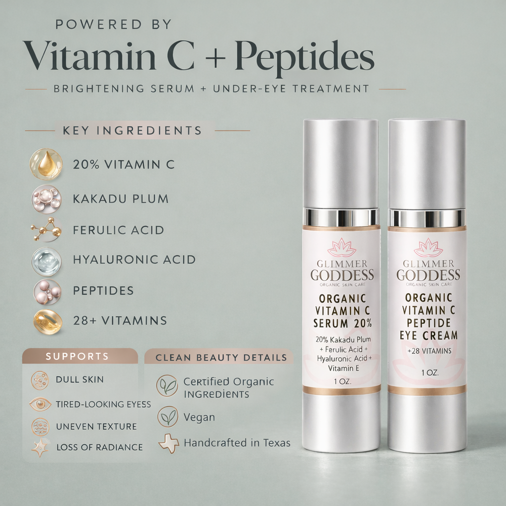 Organic Vitamin C Glow Duo featuring 20% Vitamin C and peptide eye serum from Glimmer Goddess Organic Skin Care, with natural ingredients.