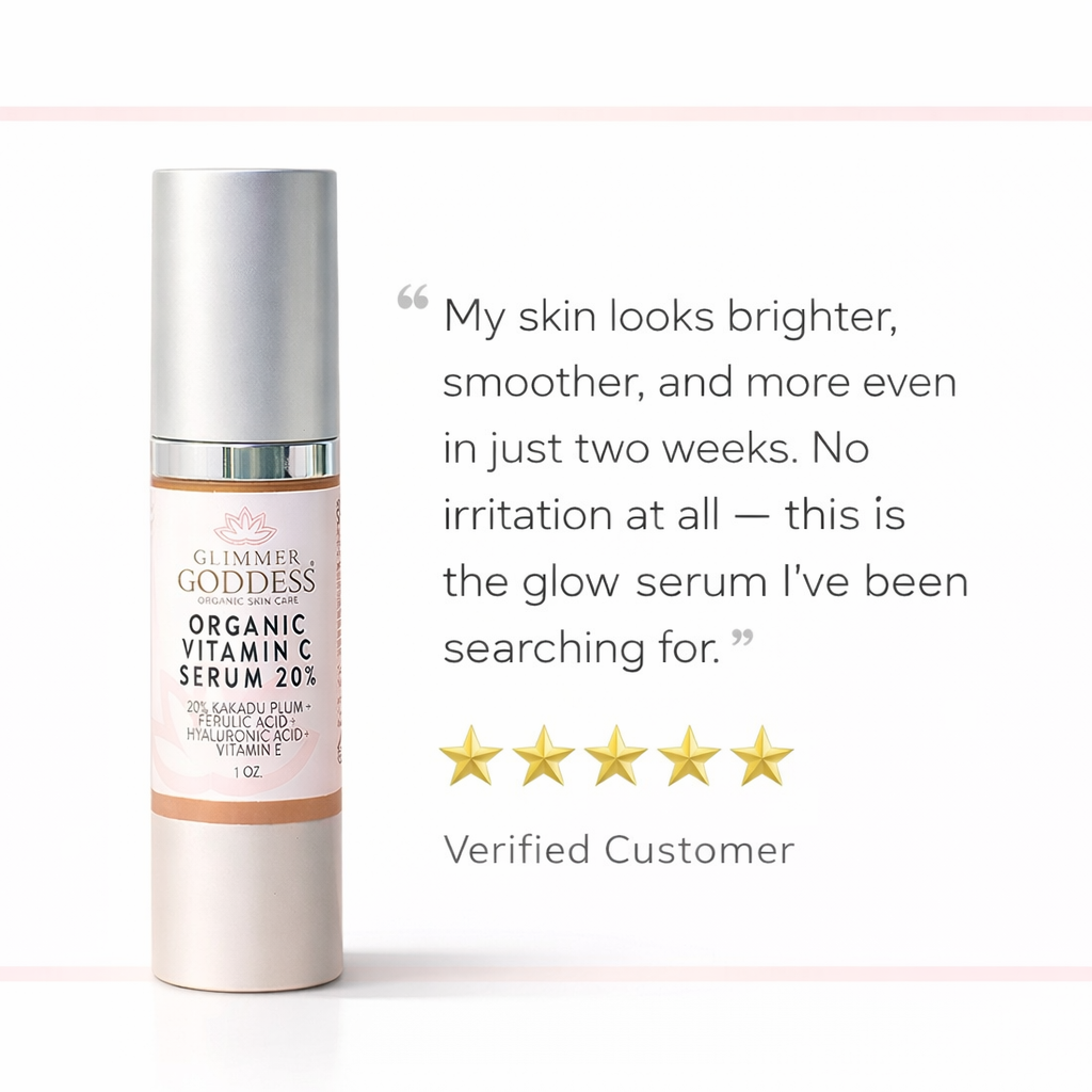 Five-star customer review for Glimmer Goddess Vitamin C Serum highlighting brighter, smoother skin