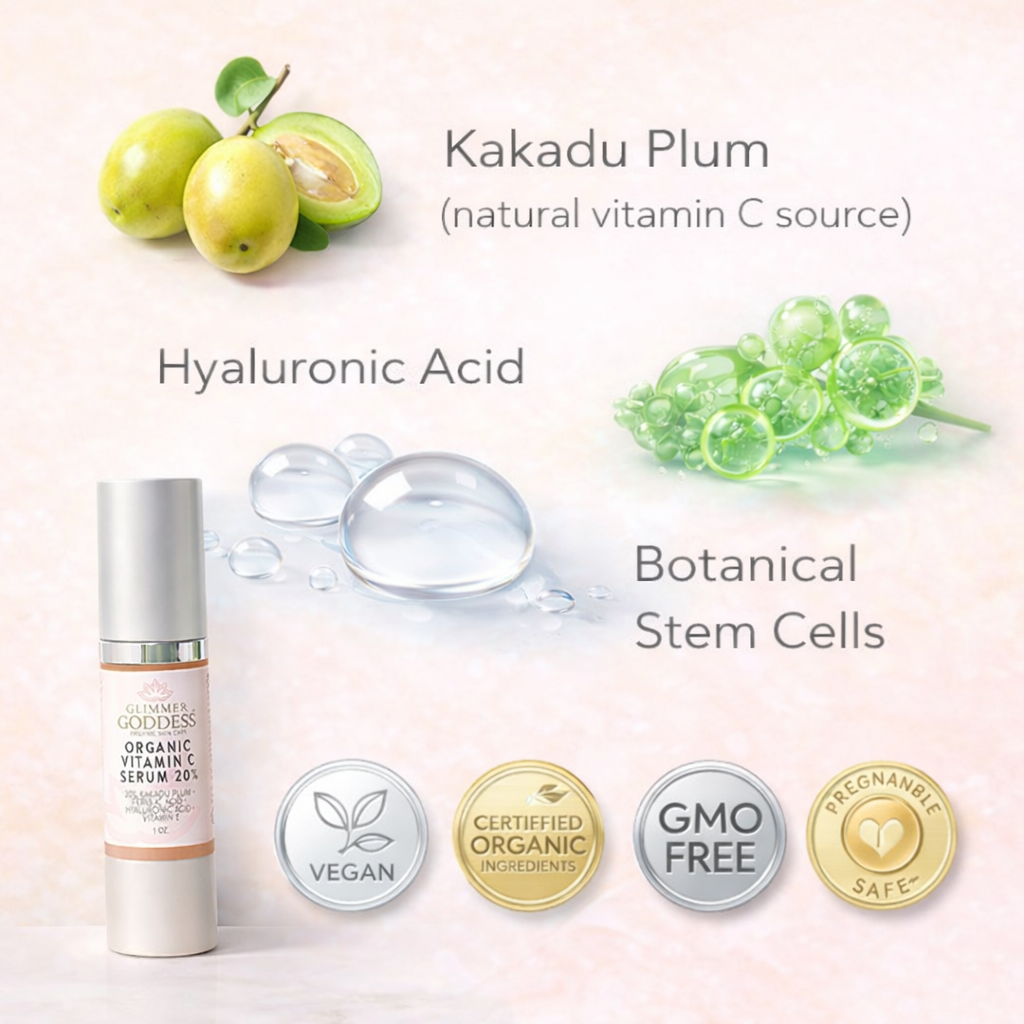 Organic Vitamin C Serum 20% by Glimmer Goddess® Organic Skin Care, featuring a dropper bottle with serum and fresh citrus slices.