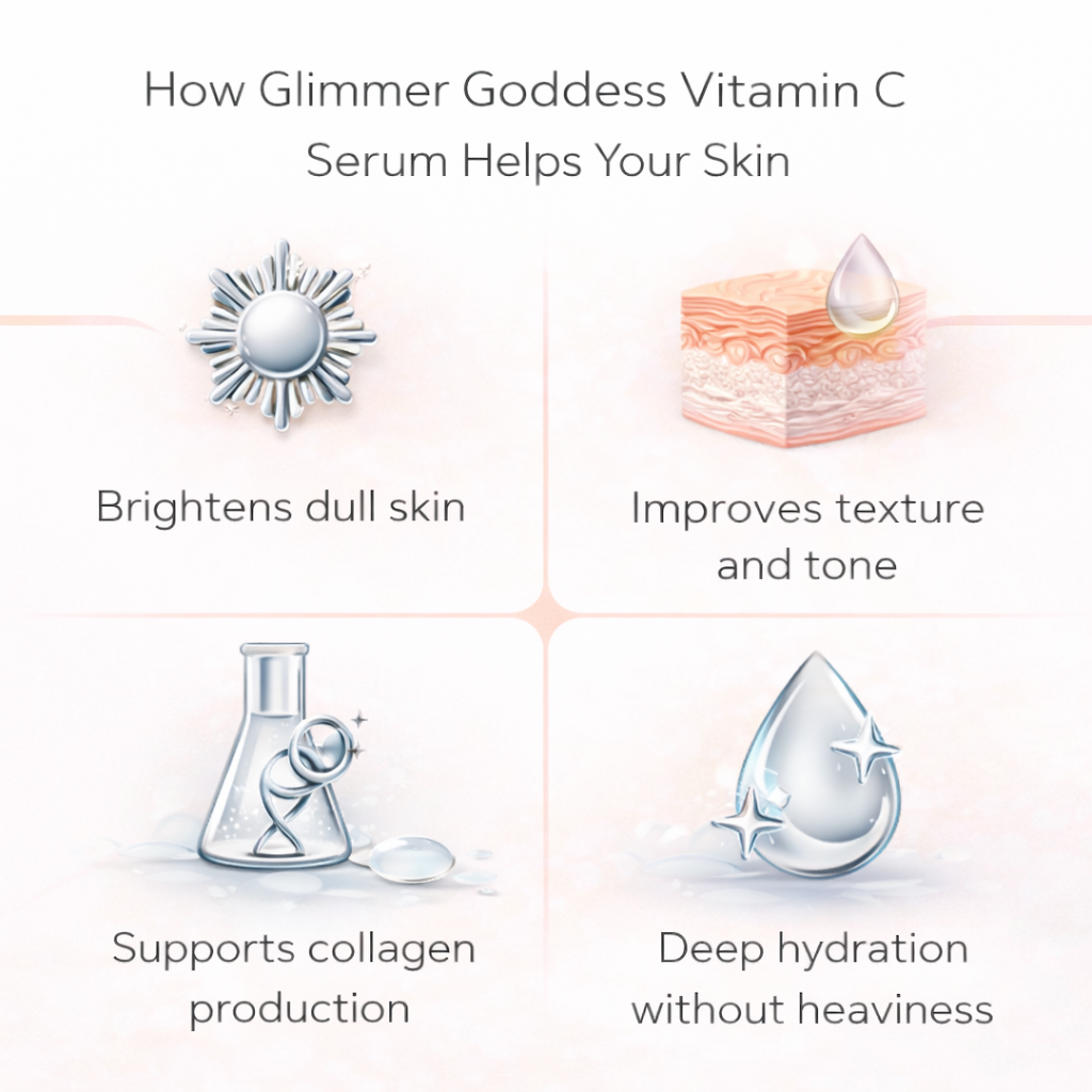 Organic Vitamin C serum by Glimmer Goddess® with hyaluronic and ferulic acid for brightening and skin hydration.