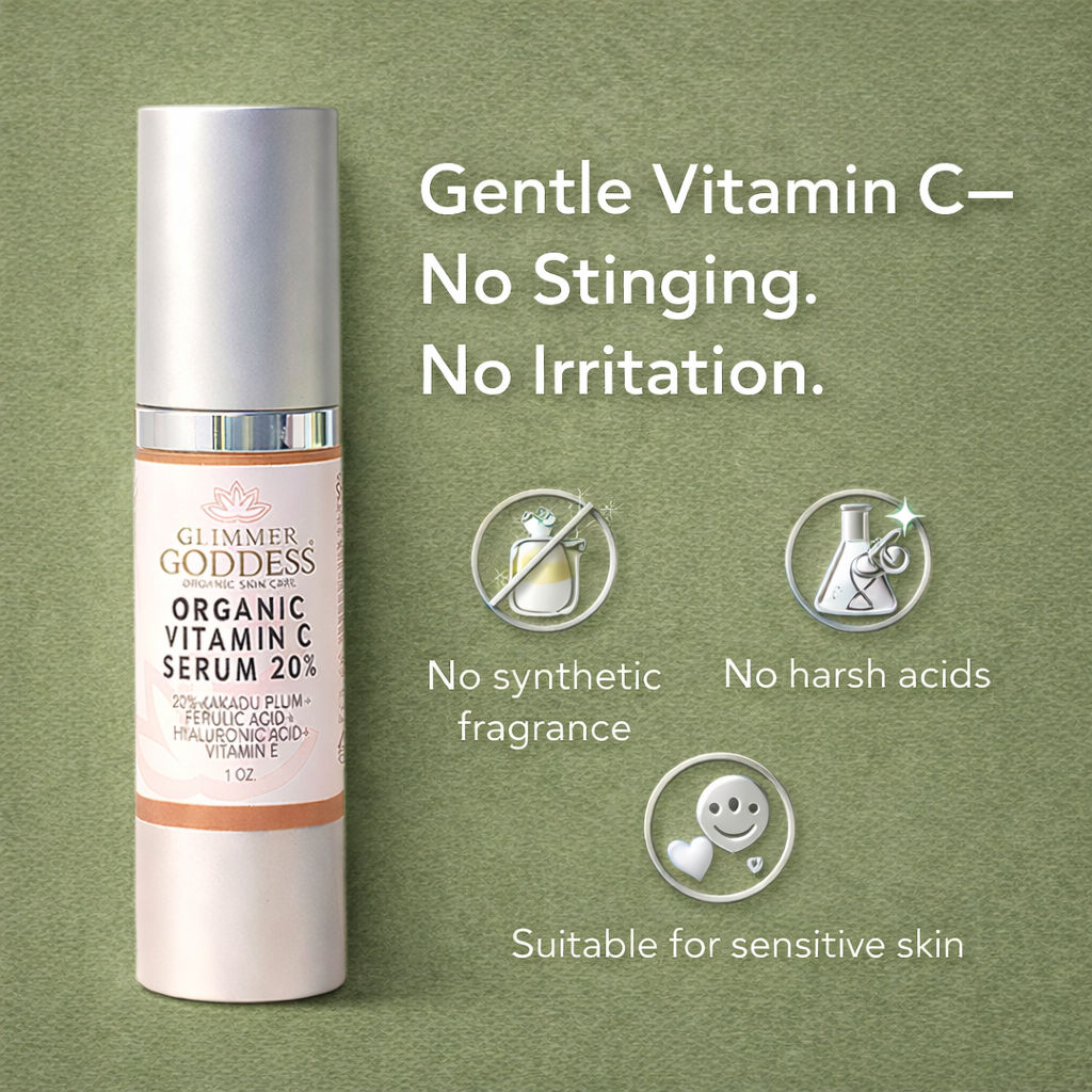 Gentle vitamin C serum for sensitive skin with no irritation, clean beauty skincare callout