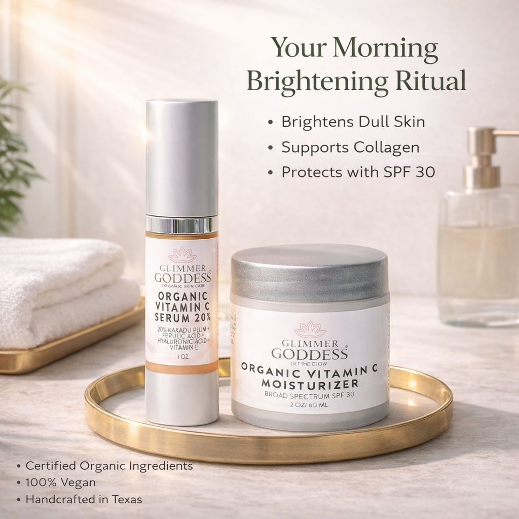 Organic Vitamin C Serum 20% with Kakadu Plum and SPF 30 Moisturizer displayed on a bright bathroom vanity with natural sunlight, showing morning skincare routine for brightening, collagen support, and sun protection.