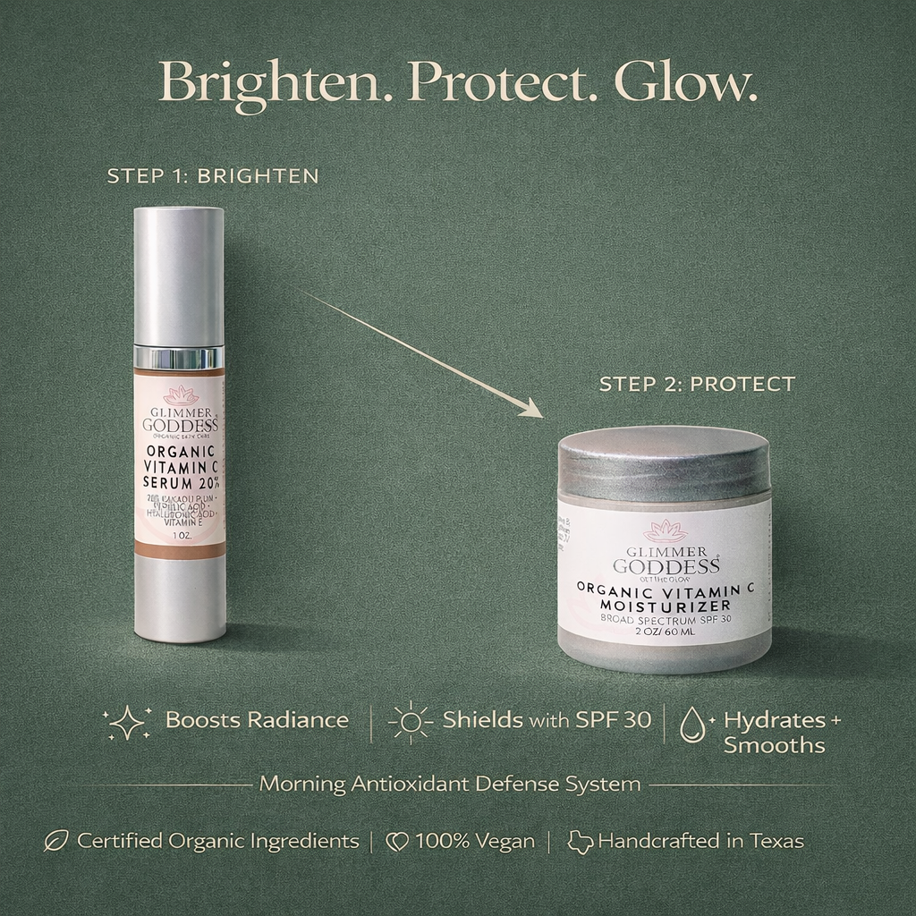 Organic Vitamin C Serum 20% positioned in the upper left and SPF 30 Moisturizer in the lower right on a mid-level moss background, shown as a two-step morning routine to brighten skin and protect with mineral sun defense, handcrafted in Texas.