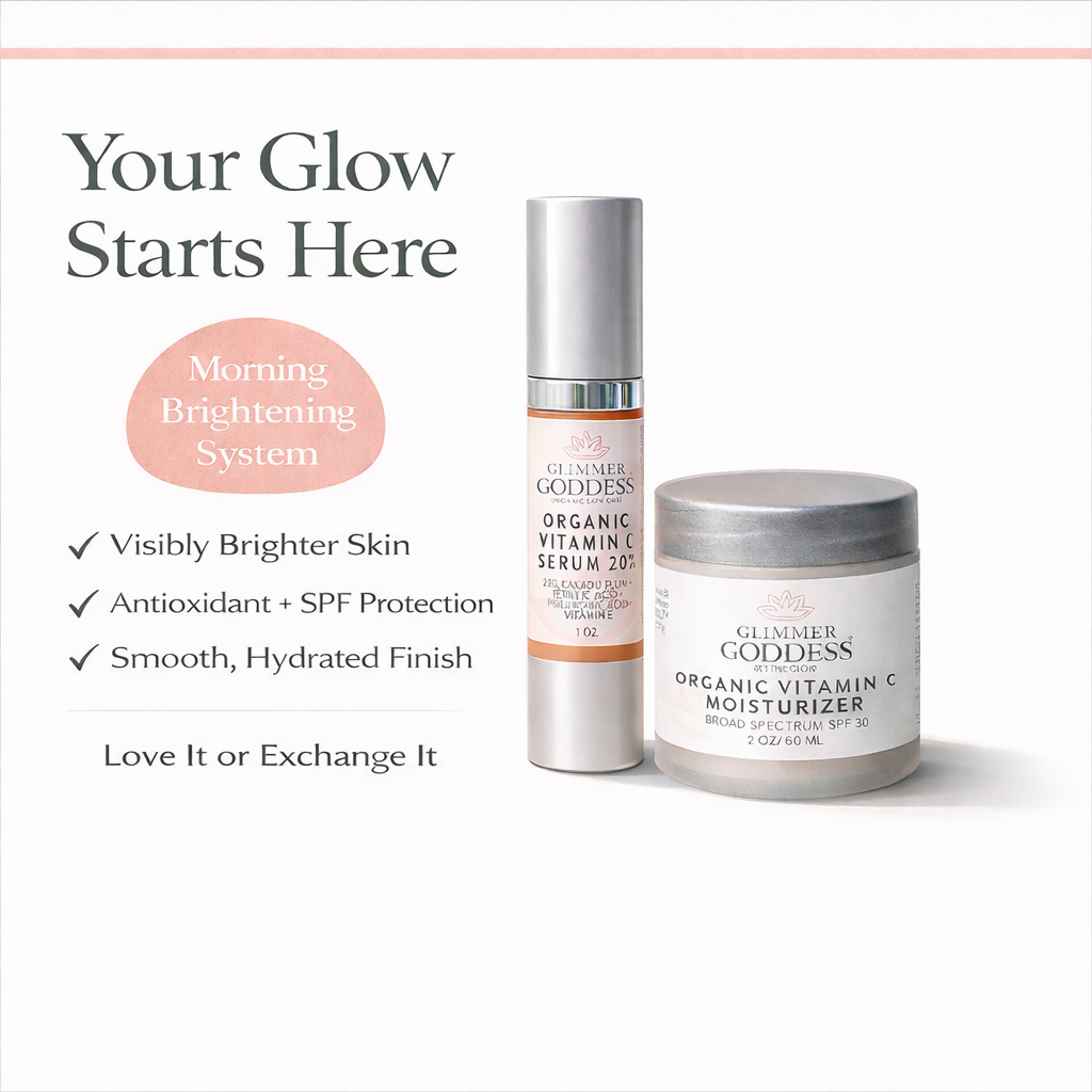 Organic Vitamin C Serum 20% and SPF 30 Moisturizer displayed on a clean white background with callout messaging highlighting brighter skin, antioxidant protection, hydration, and morning sun defense as a complete glow system handcrafted in Texas.