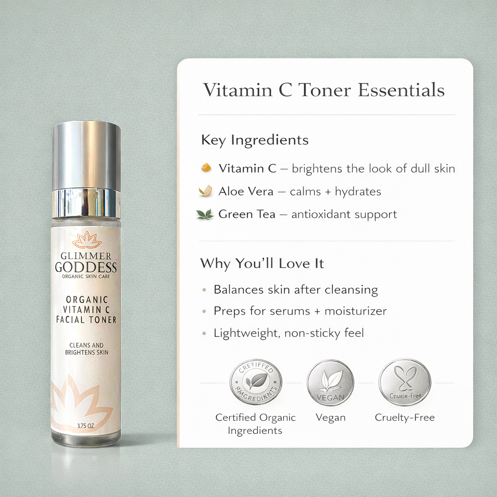 Glimmer Goddess® Organic Vitamin C Facial Toner (3.75 oz) on a solid eucalyptus background with an ingredient and product specs infographic listing vitamin C, aloe vera, and green tea, plus trust symbols for Certified Organic Ingredients, vegan, and cruelty-free.