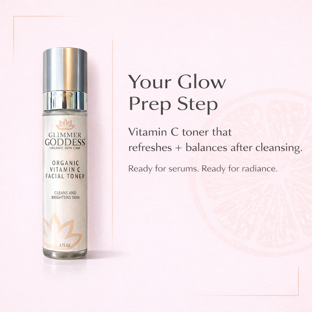 Glimmer Goddess® Organic Vitamin C Facial Toner (3.75 oz) on a solid cotton candy pink background with a special call-out message highlighting it as a glow-prep toner that refreshes and balances skin after cleansing and preps for serums and moisturizer.