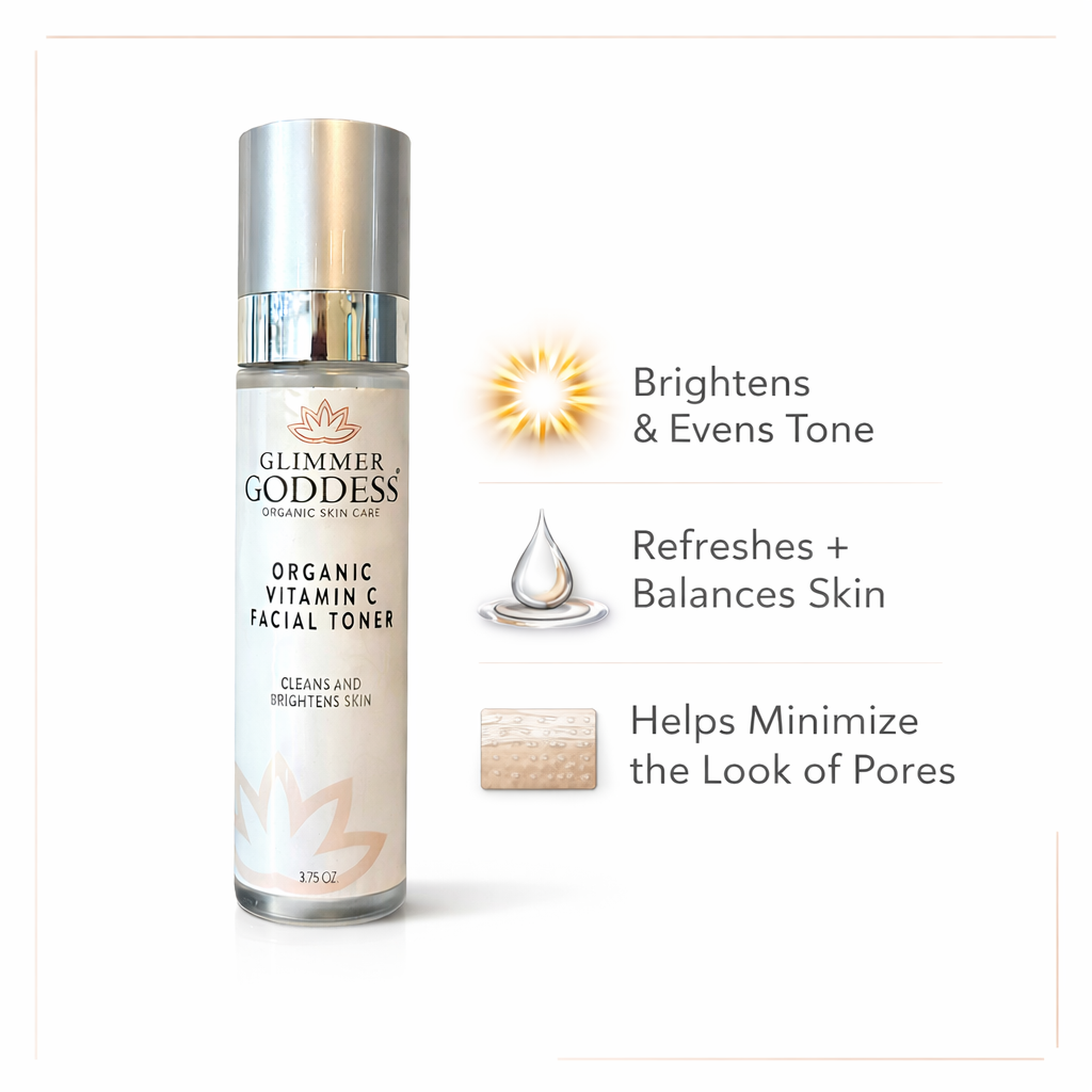 Glimmer Goddess® Organic Vitamin C Facial Toner (3.75 oz) on a white background with three benefits: brightens and evens tone, refreshes and balances skin, and helps minimize the look of pores.