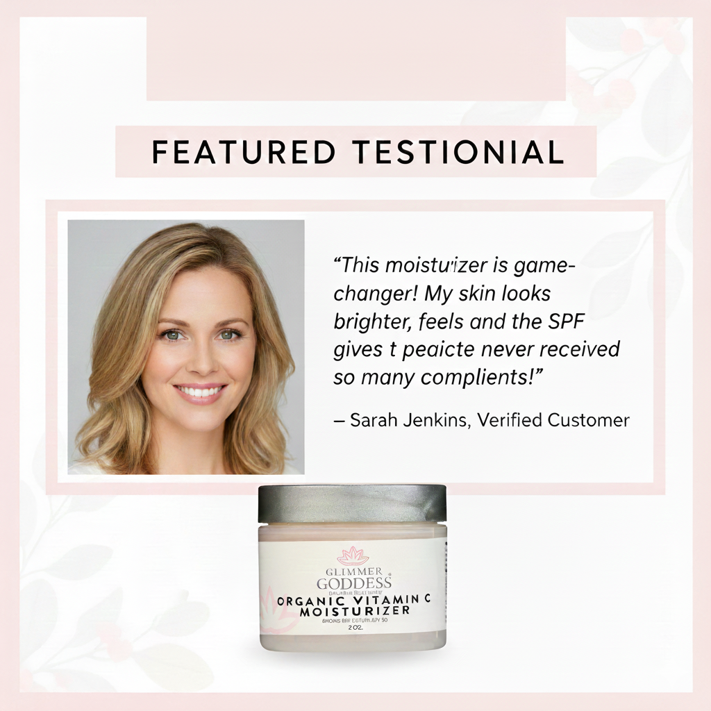 Glimmer Goddess Organic Vitamin C Daily Moisturizer SPF 30 with brightening formula, showing the cream jar and natural skincare packaging.