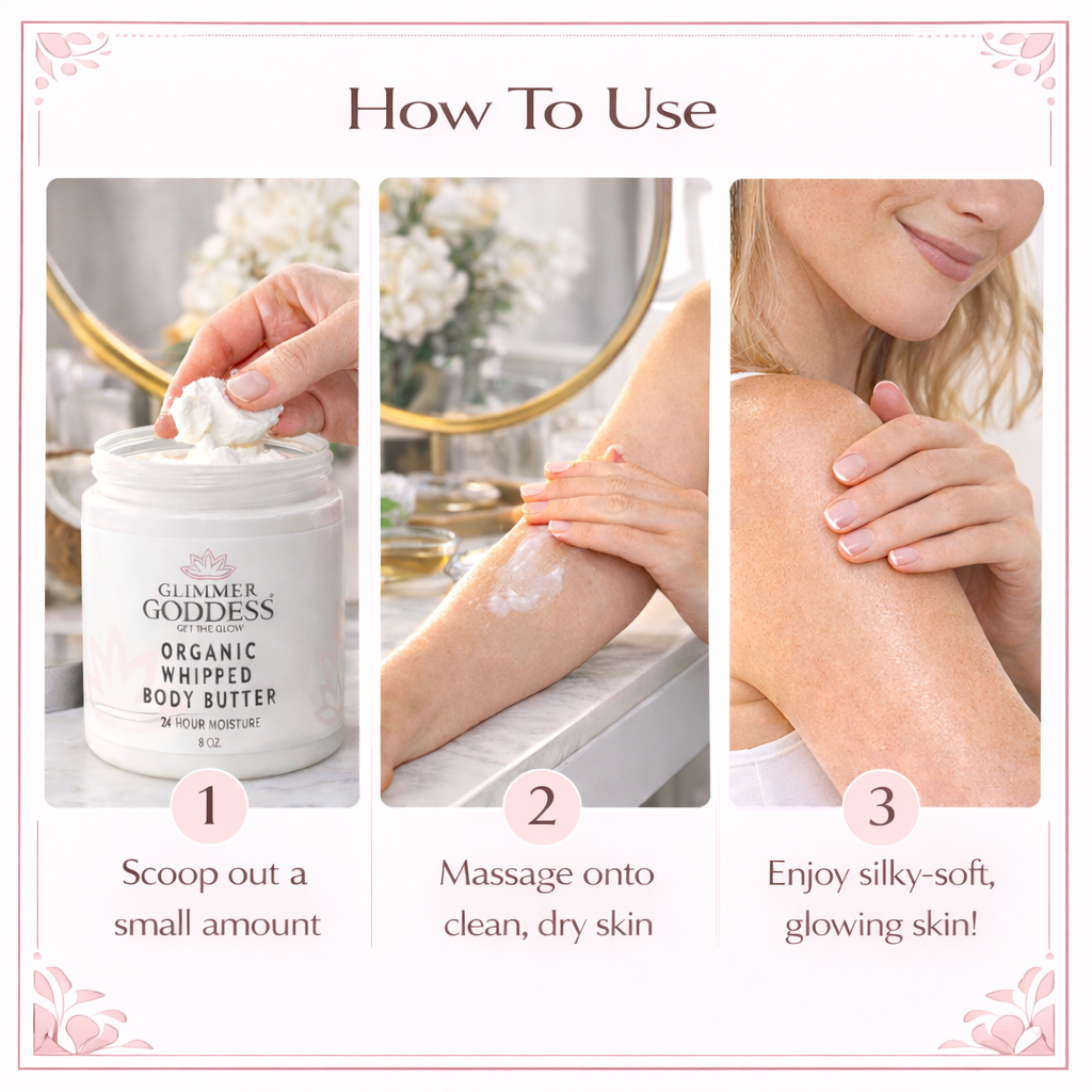 Organic Whipped Body Butter 8 oz – Ultra-Rich Moisturizer for Dry Skin & Eczema in 40+ Scents - Glimmer Goddess® Organic Skin Care