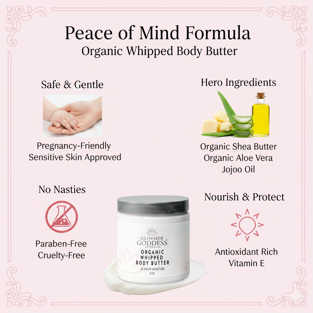 Organic Whipped Body Butter 8 oz – Ultra-Rich Moisturizer for Dry Skin & Eczema in 40+ Scents - Glimmer Goddess® Organic Skin Care