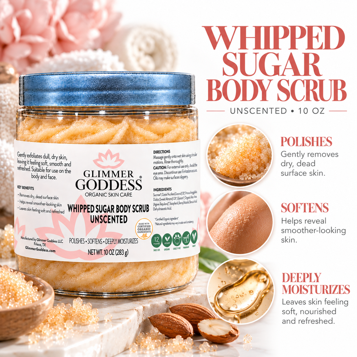 Organic Whipped Sugar Body Scrub 10 oz – Crepey Skin Treatment & Exfoliator