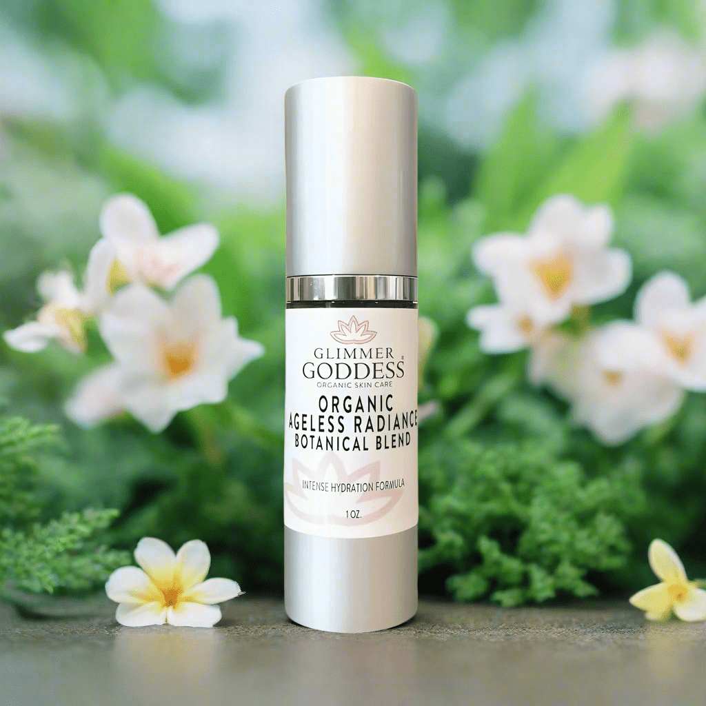 Organic Skin Brightening Serum from Glimmer Goddess by white flowers