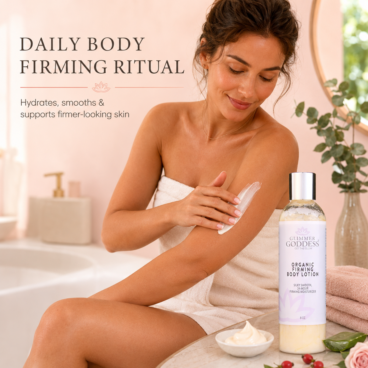 Woman applying body lotion with 'Gleaming Goddess' product in a bathroom setting