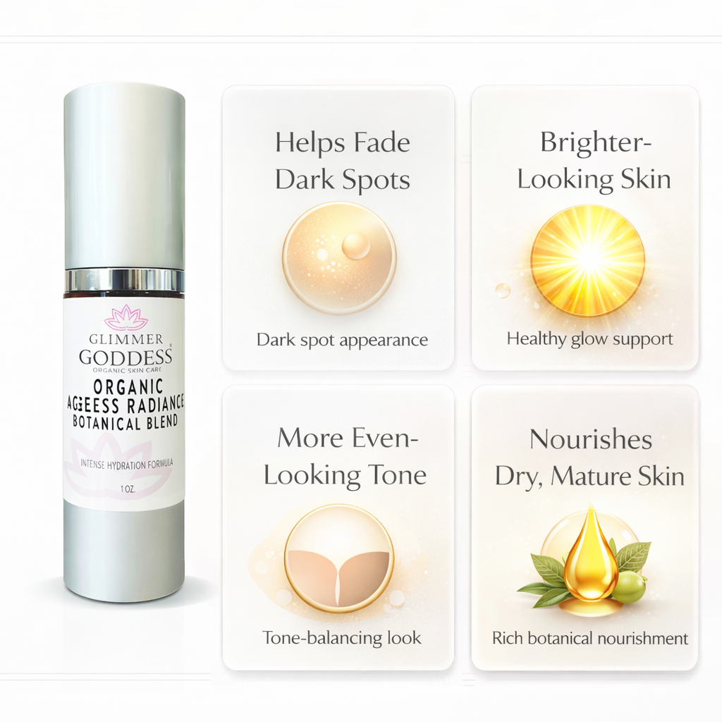 Organic Skin Brightening Serum by Glimmer Goddess® showing serum bottle and natural ingredients for radiant skin and dark spot treatment.