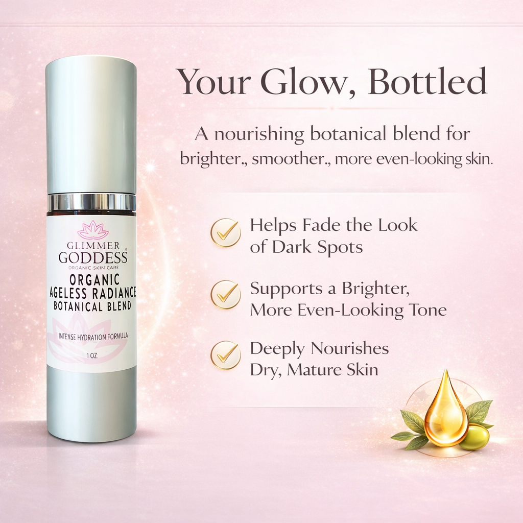 Organic skin brightening serum by Glimmer Goddess® featuring glowing skin benefits and dark spot treatment.