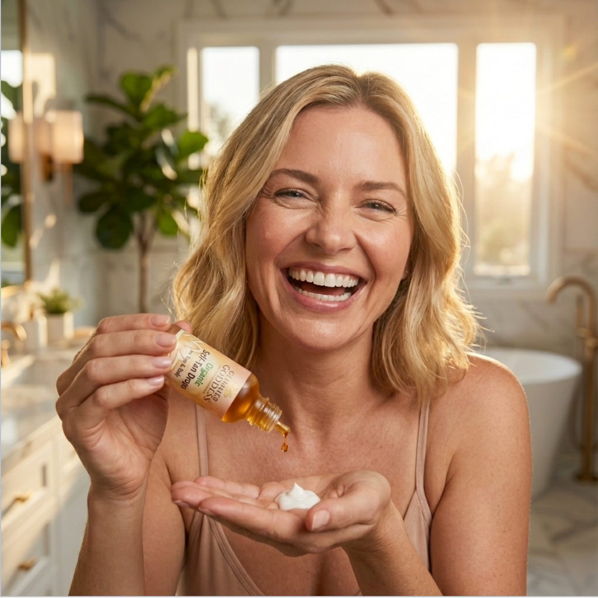 Woman holding a bottle of skincare product and a dropper with a blurred bathroom background