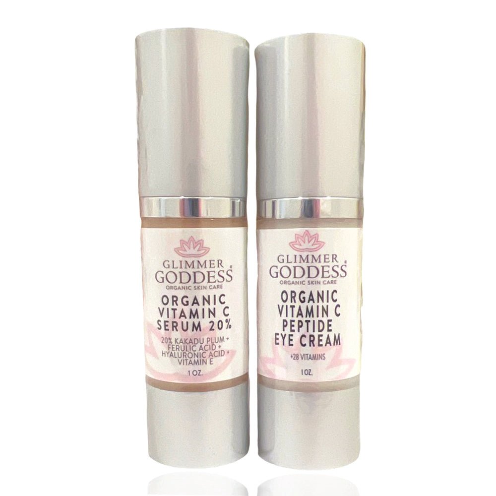Organic Vitamin C Glow Duo featuring Glimmer Goddess® Vitamin C serum and peptide eye cream in a natural skin care set.
