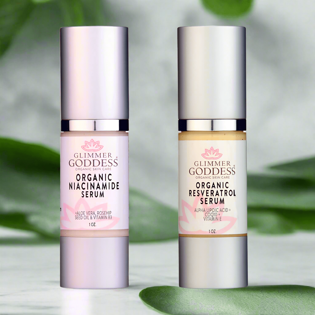 Niacinamide & Resveratrol Face Serum Duo – Anti - Aging, Pore - Reducing & Brightening Skincare Bundle - Glimmer Goddess® Organic Skin Care