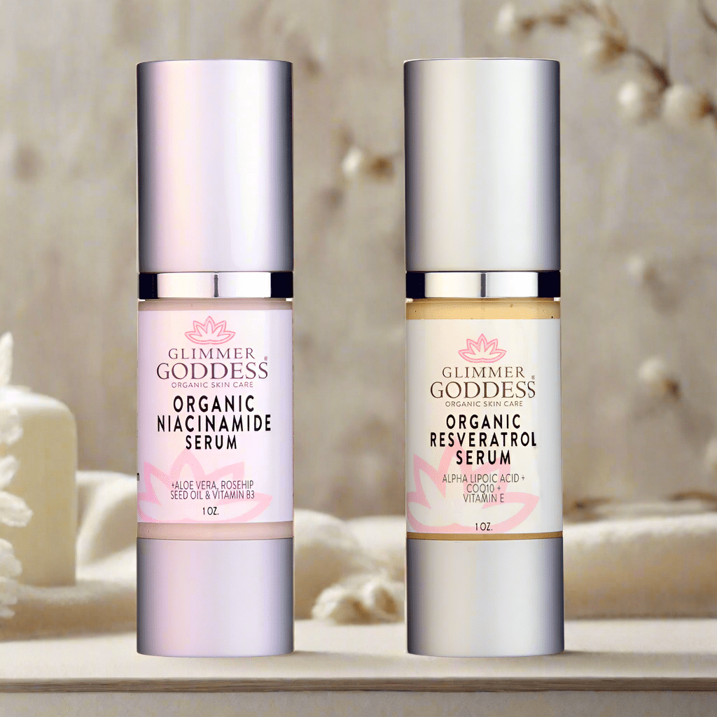 Niacinamide & Resveratrol Face Serum Duo – Anti - Aging, Pore - Reducing & Brightening Skincare Bundle - Glimmer Goddess® Organic Skin Care