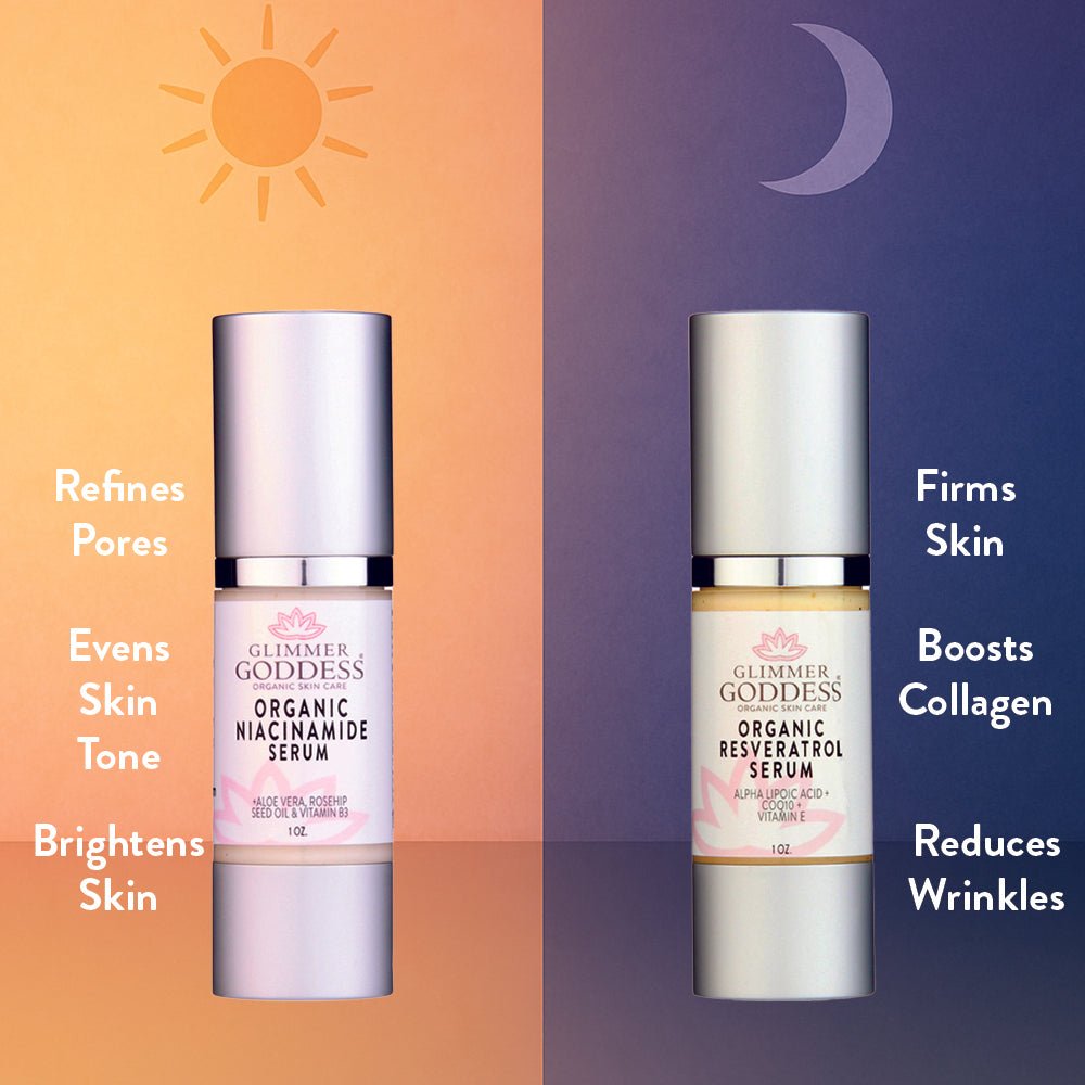 Niacinamide & Resveratrol Face Serum Duo – Anti - Aging, Pore - Reducing & Brightening Skincare Bundle - Glimmer Goddess® Organic Skin Care