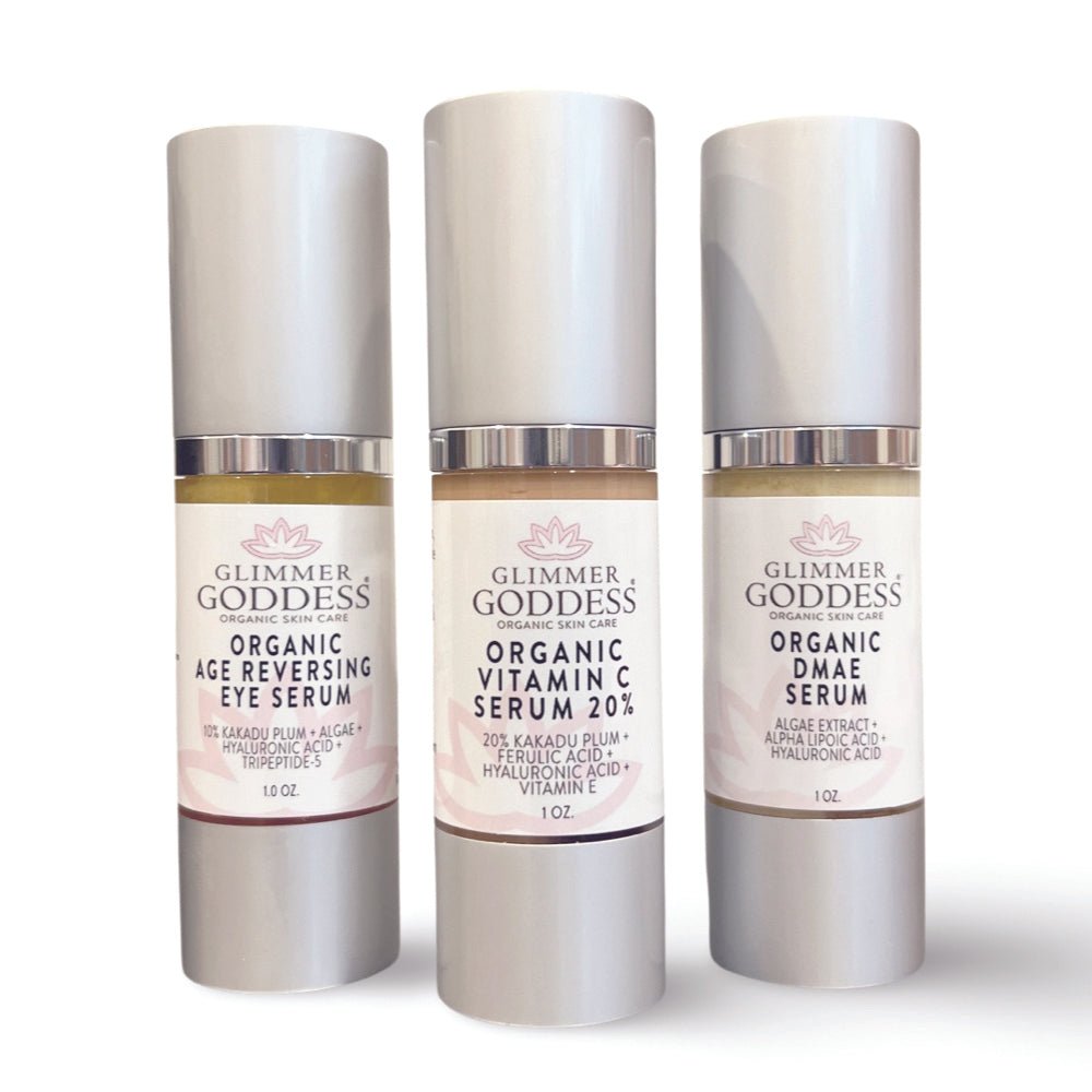 Organic Anti - Aging Trio Vitamin C + DMAE + Age Reversing Eye Serum - Glimmer Goddess® Organic Skin Care