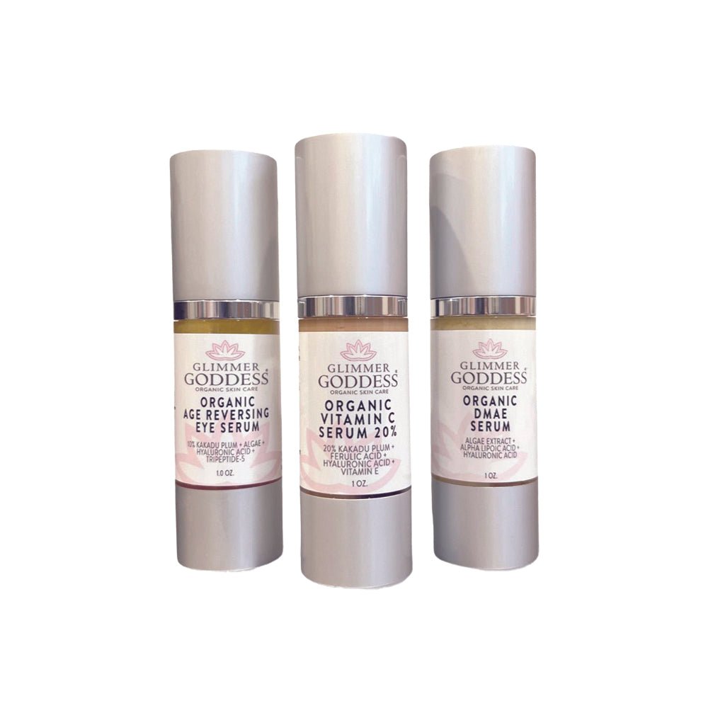 Organic Anti - Aging Trio Vitamin C + DMAE + Age Reversing Eye Serum - Glimmer Goddess® Organic Skin Care