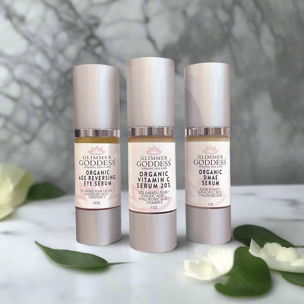Organic Anti - Aging Trio Vitamin C + DMAE + Age Reversing Eye Serum - Glimmer Goddess® Organic Skin Care