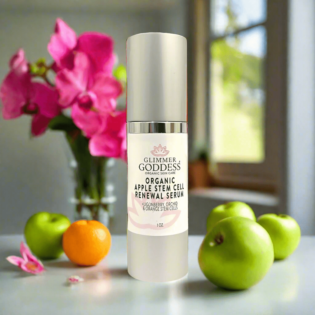 Organic Apple Stem Cell Serum from Glimmer Goddess on kitchen counter
