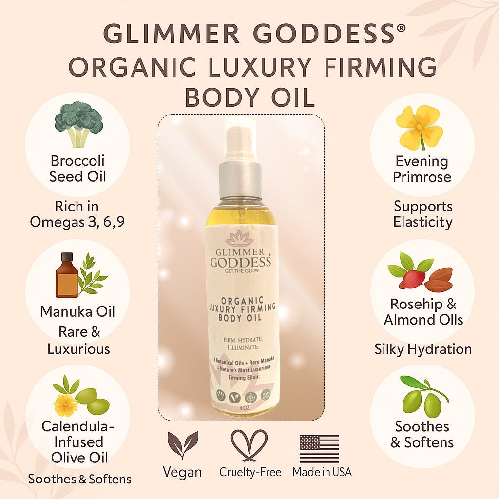 Organic Luxury Firming Body Oil – Hydrating Glow with Evening Primrose and Rosehip Oil 4 oz. - Glimmer Goddess® Organic Skin Care