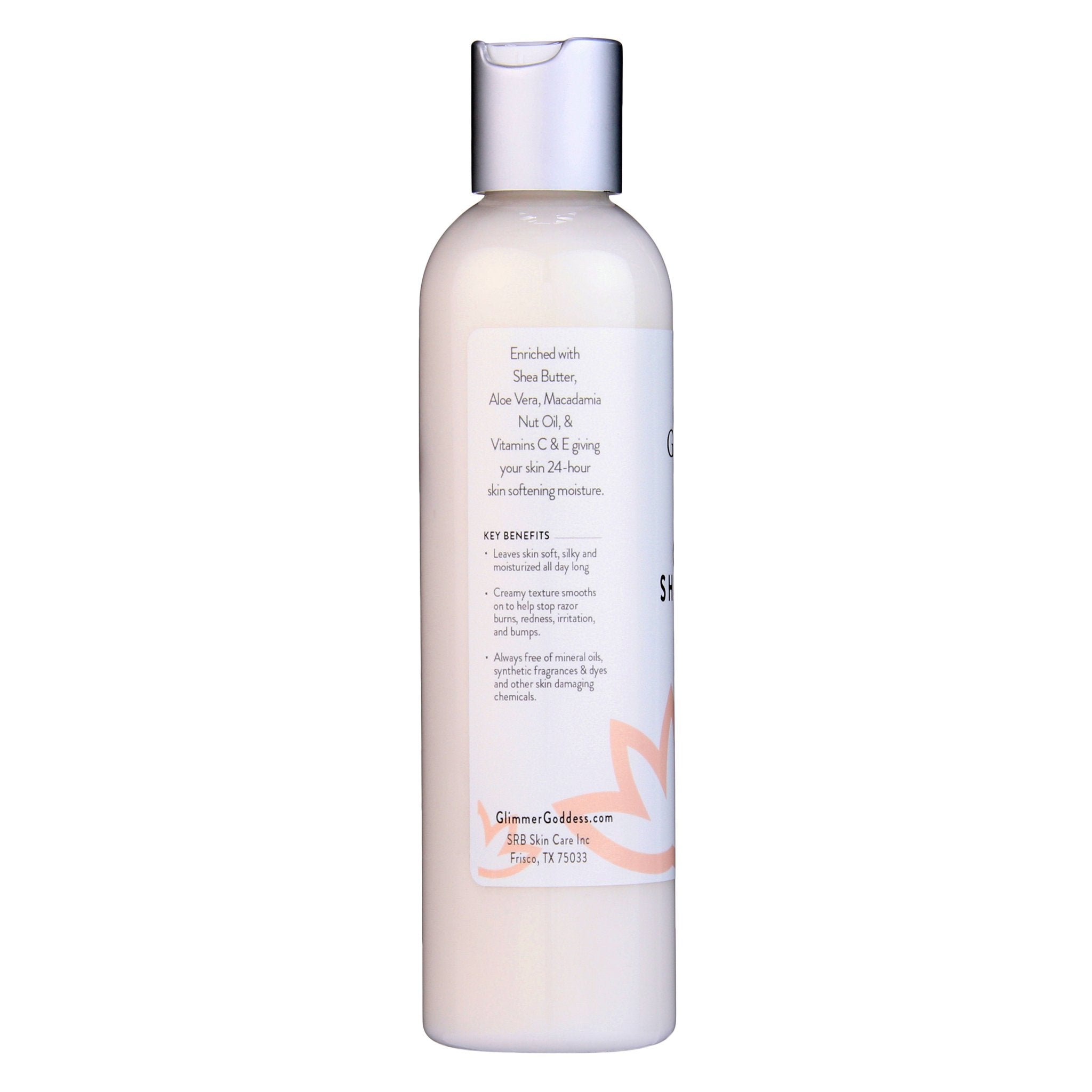 Bottle showing key benefits of Organic Shave Cream from Glimmer Goddess®