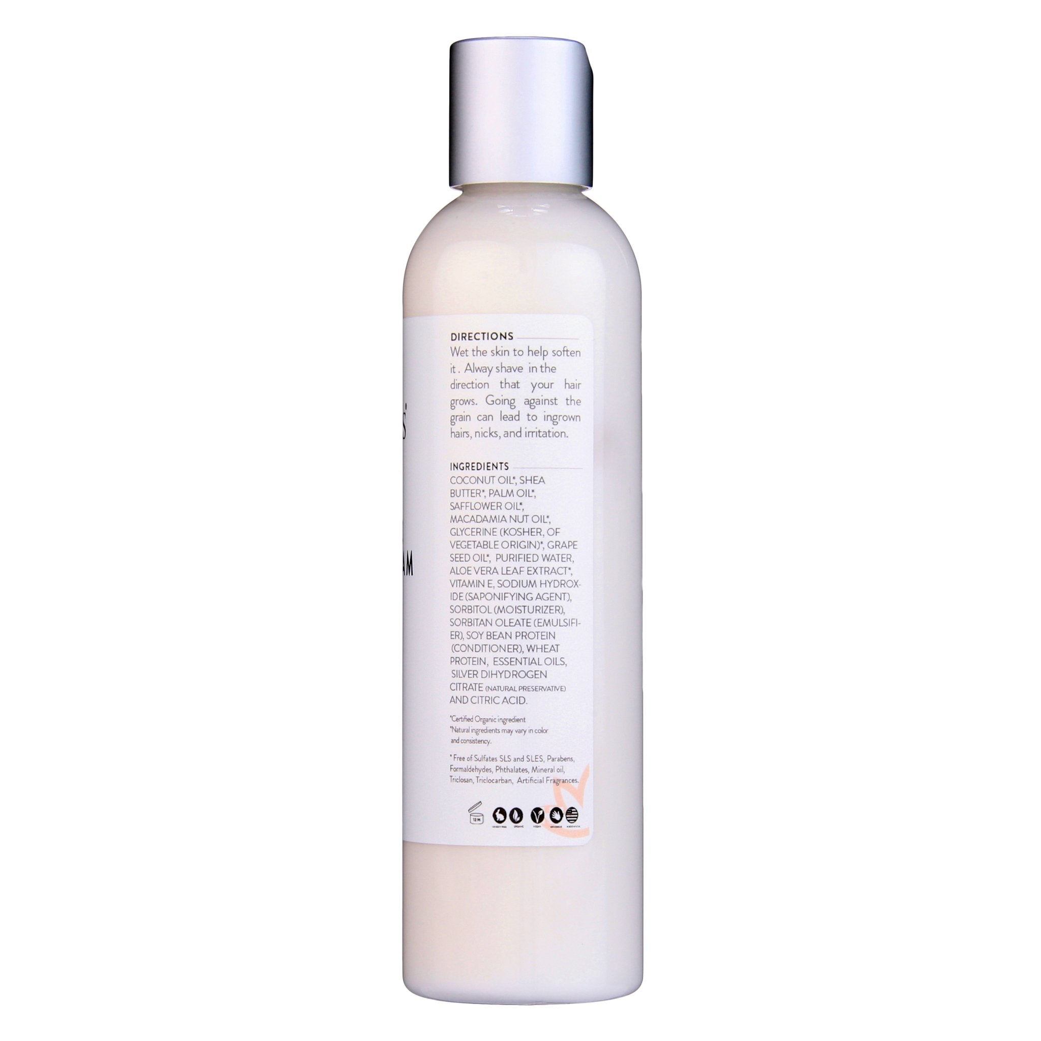 Bottle showing directions and ingredients of Organic Shave Cream from Glimmer Goddess®