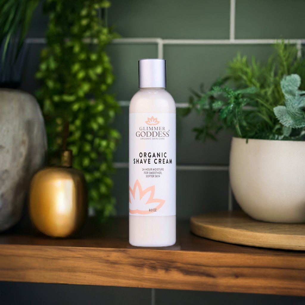 Organic Shave Cream bottle from Glimmer Goddess® on bathroom shelf