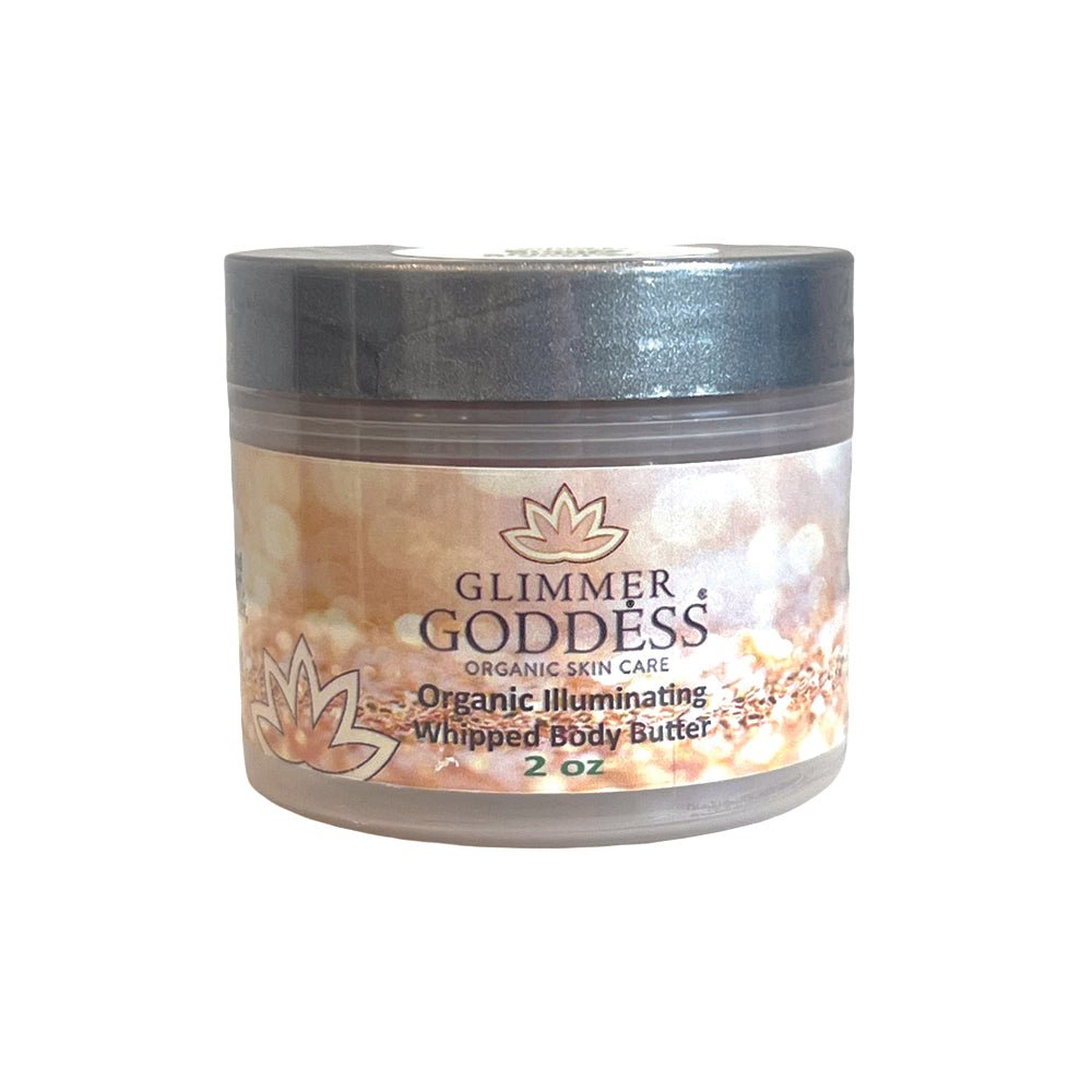 Organic shimmering whipped body butter by Glimmer Goddess® Organic Skin Care, 2 oz travel size with a luminous, creamy texture.