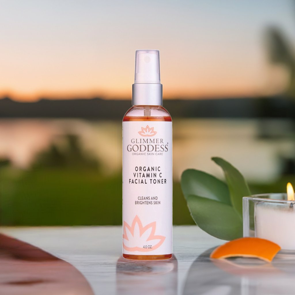 Organic Vitamin C Facial Toner from Glimmer Goddess bottle on table outside