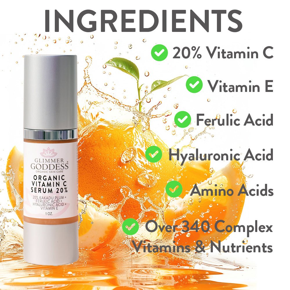 Organic Vitamin C Serum 20% Firm & Glow from Glimmer Goddess bottle with text of ingredients