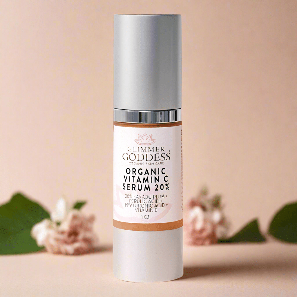 Glimmer Goddess Organic Skin Care Radiance Glow Vitamin C Serum for brightening and firming skin in a natural skincare gift set.
