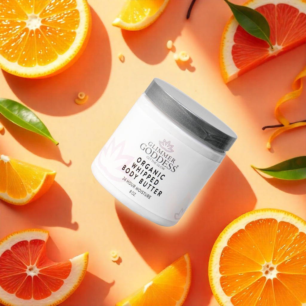 Organic whipped body butter from Glimmer Goddess® Radiance Glow skincare gift set, hydrating and nourishing for smooth skin.