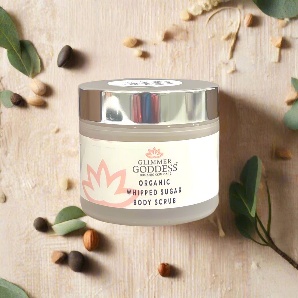 Organic Whipped Sugar Exfoliating Body Scrub - Crepey Skin Treatment - 2 oz. Travel Size - Glimmer Goddess® Organic Skin Care