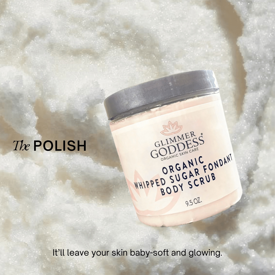 Organic Whipped Sugar Body Scrub by Glimmer Goddess®, exfoliating scrub with whipped sugar for crepey skin treatment.